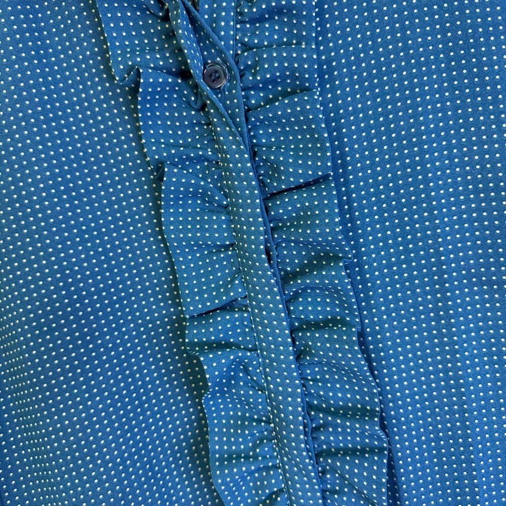 New‎ York & Company Medium Teal Ruffled Polka dot Blouse - Picture 2 of 7